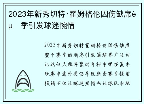 2023年新秀切特·霍姆格伦因伤缺席赛季引发球迷惋惜