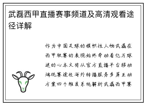 武磊西甲直播赛事频道及高清观看途径详解
